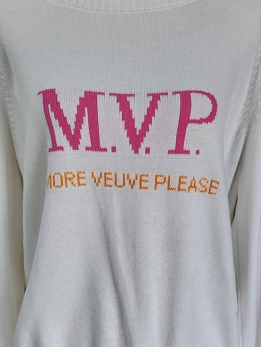 White 'M.V.P.' Graphic Sweater with Pink and Orange Accents